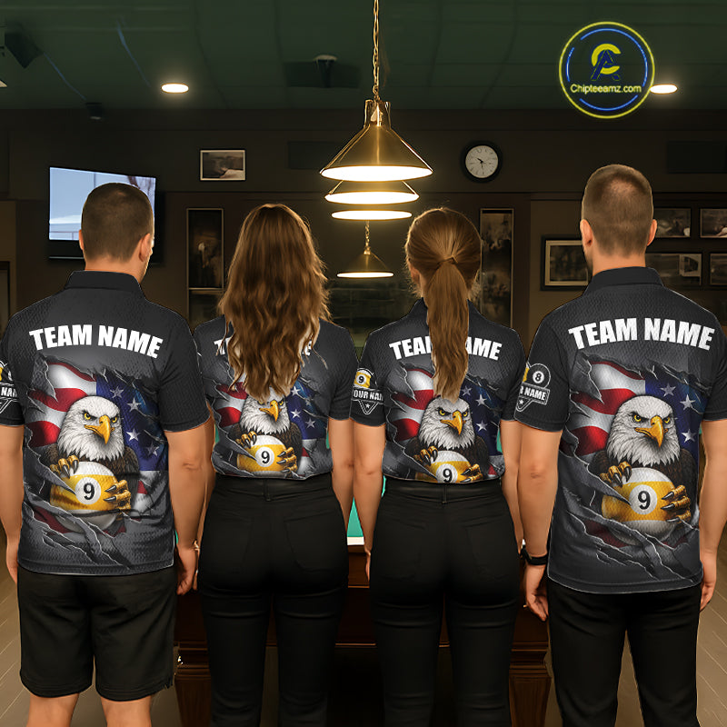 Grey American Flag Eagle 8 Ball & 9 Ball Billiard Shirts For Women Custom Patriotic Pool Team Jersey TDM7170