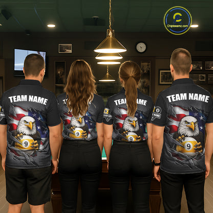 Grey American Flag Eagle 8 Ball & 9 Ball Billiard Shirts For Women Custom Patriotic Pool Team Jersey TDM7170