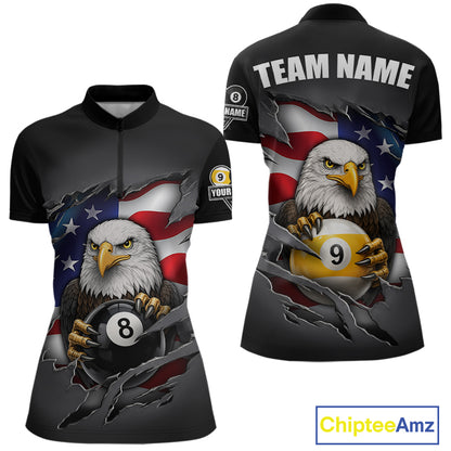 Grey American Flag Eagle 8 Ball & 9 Ball Billiard Shirts For Women Custom Patriotic Pool Team Jersey TDM7170