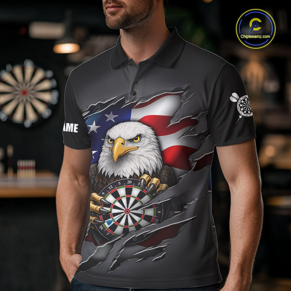 Personalized Grey American Flag Eagle Darts Shirts For Men Custom Patriotic Darts League Jersey TDM7171