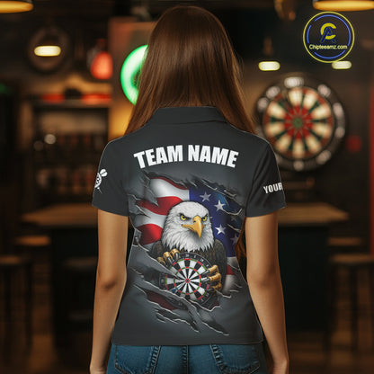 Personalized Grey American Flag Eagle Darts Shirts For Women Custom Patriotic Darts League Jersey TDM7171