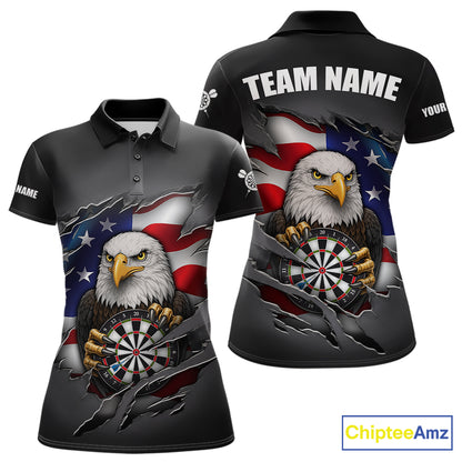 Personalized Grey American Flag Eagle Darts Shirts For Women Custom Patriotic Darts League Jersey TDM7171
