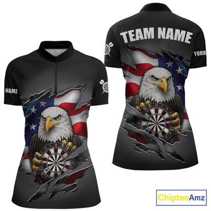 Personalized Grey American Flag Eagle Darts Shirts For Women Custom Patriotic Darts League Jersey TDM7171