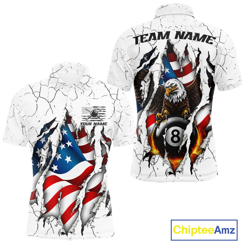 Custom US Flag Eagle Fire 8 Ball Billiard Jersey For Men, White Grunge Patriotic Pool Team Shirt TDM7176