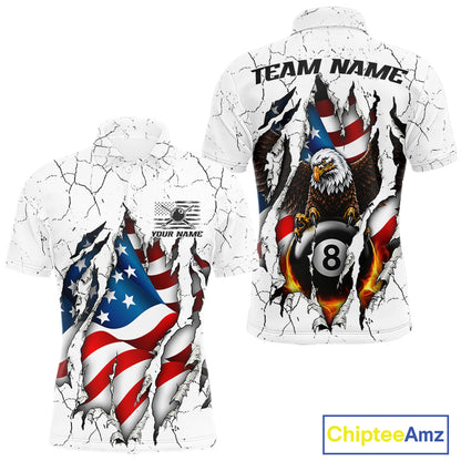 Custom US Flag Eagle Fire 8 Ball Billiard Jersey For Men, White Grunge Patriotic Pool Team Shirt TDM7176