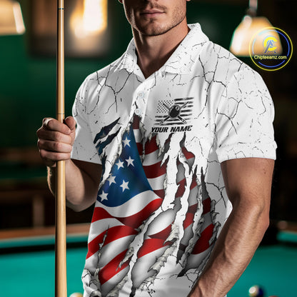 Custom US Flag Eagle Fire 8 Ball Billiard Jersey For Men, White Grunge Patriotic Pool Team Shirt TDM7176