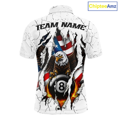 Custom US Flag Eagle Fire 8 Ball Billiard Jersey For Men, White Grunge Patriotic Pool Team Shirt TDM7176