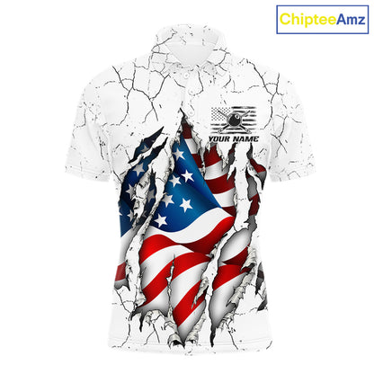 Custom US Flag Eagle Fire 8 Ball Billiard Jersey For Men, White Grunge Patriotic Pool Team Shirt TDM7176