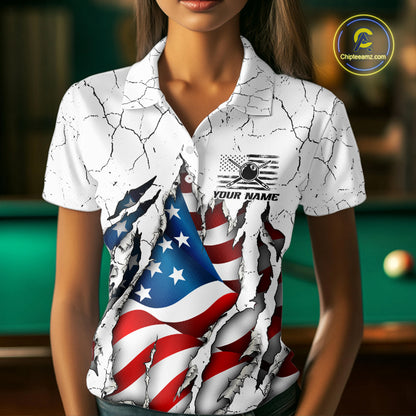 Custom US Flag Eagle Fire 8 Ball Billiard Jersey For Women, White Grunge Patriotic Pool Team Shirt TDM7176
