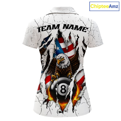 Custom US Flag Eagle Fire 8 Ball Billiard Jersey For Women, White Grunge Patriotic Pool Team Shirt TDM7176