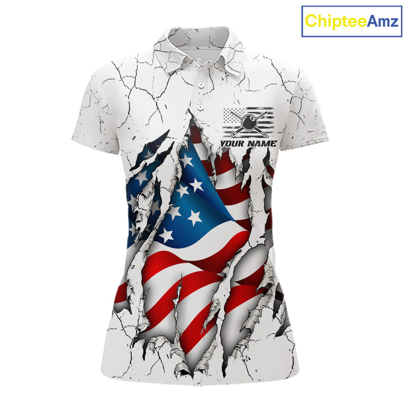 Custom US Flag Eagle Fire 8 Ball Billiard Jersey For Women, White Grunge Patriotic Pool Team Shirt TDM7176
