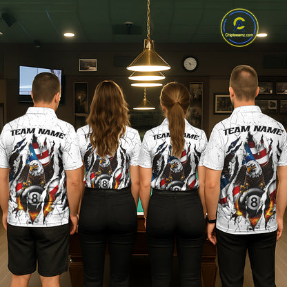 Custom US Flag Eagle Fire 8 Ball Billiard Jersey For Men, White Grunge Patriotic Pool Team Shirt TDM7176