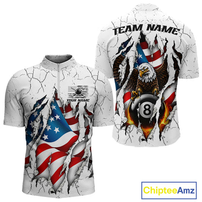 Custom US Flag Eagle Fire 8 Ball Billiard Jersey For Men, White Grunge Patriotic Pool Team Shirt TDM7176