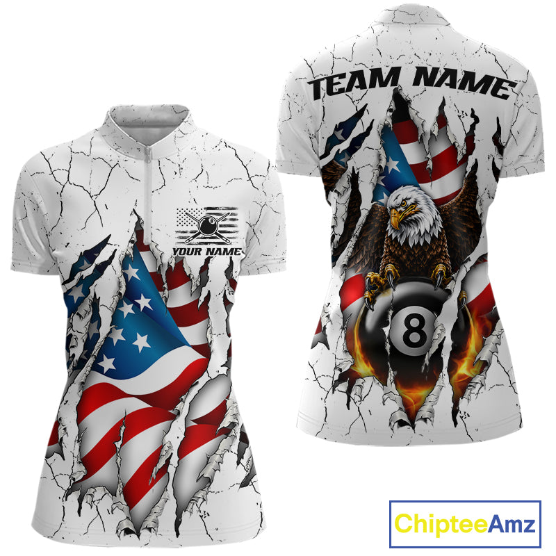 Custom US Flag Eagle Fire 8 Ball Billiard Jersey For Women, White Grunge Patriotic Pool Team Shirt TDM7176