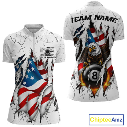 Custom US Flag Eagle Fire 8 Ball Billiard Jersey For Women, White Grunge Patriotic Pool Team Shirt TDM7176