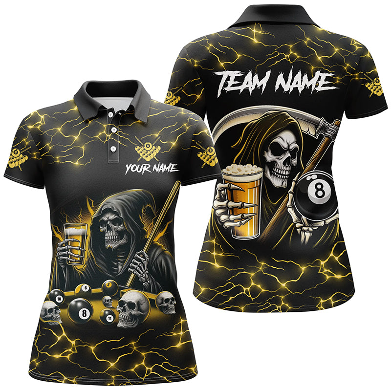 Yellow Funny Grim Reaper & Beer Billiard Shirts For Women Custom 8 Ball Lightning Billiard Jerseys TDM2939