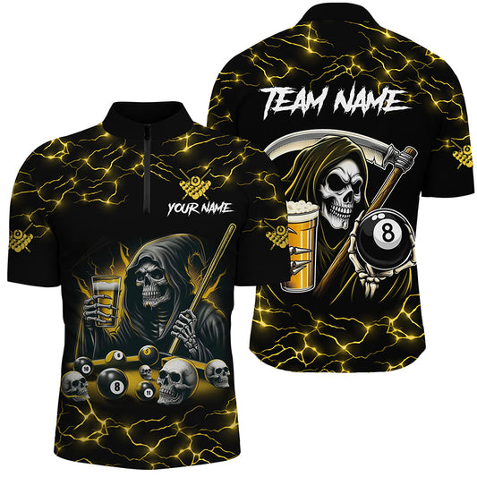 Yellow Funny Grim Reaper & Beer Billiard Shirts For Men Custom 8 Ball Lightning Billiard Jerseys TDM2939