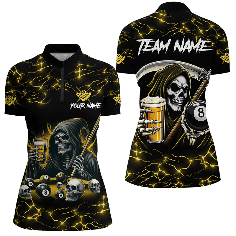 Yellow Funny Grim Reaper & Beer Billiard Shirts For Women Custom 8 Ball Lightning Billiard Jerseys TDM2939