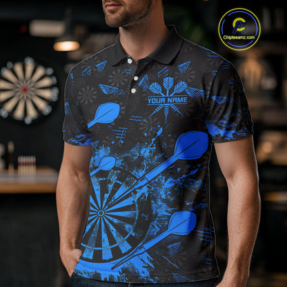 Black And Blue Grunge Darts Polo, Quarter Zip For Men Custom Dart Shirts For Team, Dart Jerseys TDM5153