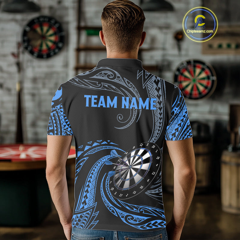 Personalized Blue Tribal Polynesian Mens Dart Shirts Custom Darts Polo & 1/4 Zip Team Jersey TDM5154