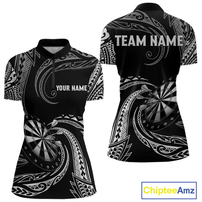 Personalized White Black Tribal Polynesian Womens Dart Shirts Custom Dart Polo & 1/4 Zip Team Jersey TDM5155