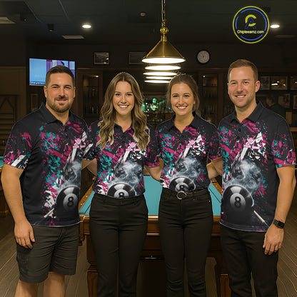 Custom Pink And Teal Camo 8 Ball Smoke Billiard Shirt For Men, Pool Team Jersey Polo & 1/4 Zip TDM6033