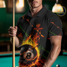 Load image into Gallery viewer, Man wearing a crack fire flame 8 ball billiard jersey beside a pool table front view.