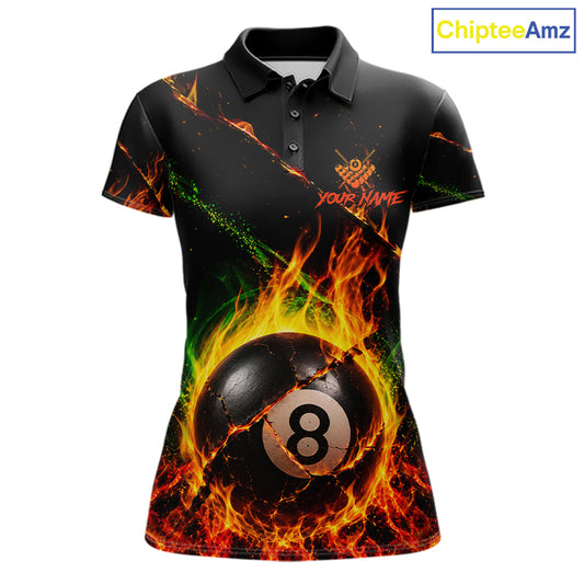 Crack fire flame 8 ball pool billiard polo shirt for women with custom team graphics.