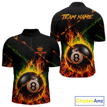 Load image into Gallery viewer, Crack fire flame 8 ball pool billiard quarter zip shirt for men designed for tournaments and league play.