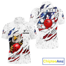Load image into Gallery viewer, White grunge American flag eagle bowling polo shirt for men with patriotic team graphics.
