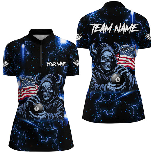 Blue Skull Thunder Lightning US Flag Custom Women Billiard Shirts, Patriotic Billiard Team Jerseys TDM1973