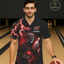 Load image into Gallery viewer, Man wearing red grim reaper thunder lightning bowling Hawaiian shirt front view.