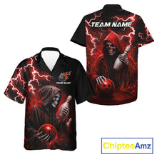 Load image into Gallery viewer, Red grim reaper thunder lightning bowling Hawaiian shirt front and back view for men and women, custom bowling league aloha shirt with skull and red lightning artwork.
