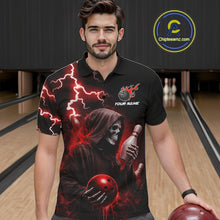 Load image into Gallery viewer, Man wearing red grim reaper lightning bowling polo shirt front view.