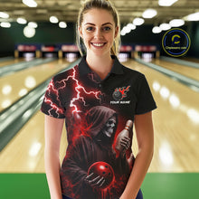 Load image into Gallery viewer, Woman wearing red grim reaper lightning bowling polo shirt front view.