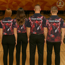 Load image into Gallery viewer, Bowling team wearing matching red grim reaper lightning bowling jerseys back view.