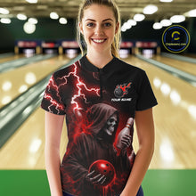 Load image into Gallery viewer, Woman wearing red grim reaper lightning bowling quarter zip shirt front view.