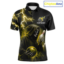 Load image into Gallery viewer, Yellow grim reaper lightning bowling team jersey polo shirt for men, custom bowling league apparel with skull design and tournament-ready style.