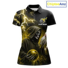 Load image into Gallery viewer, Yellow grim reaper lightning bowling team jersey polo shirt for women, custom bowling league apparel with skull design and tournament-ready style.