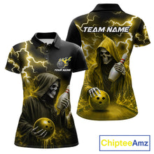 Load image into Gallery viewer, Yellow grim reaper lightning bowling team jersey polo shirt for women, custom bowling league apparel with skull design and tournament-ready style.