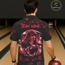 Load image into Gallery viewer, Man wearing red grim reaper thunder lightning bowling Hawaiian shirt back view.