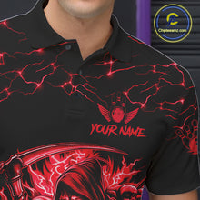 Load image into Gallery viewer, Close-up of the collar, buttons and chest detail on the custom red grim reaper lightning bowling polo shirt for men.