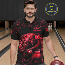 Load image into Gallery viewer, Man wearing custom red grim reaper lightning bowling polo shirt front view.