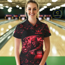 Load image into Gallery viewer, Woman wearing custom red grim reaper lightning bowling polo shirt front view.