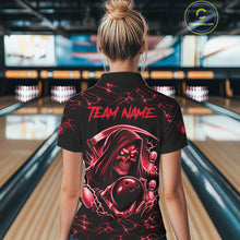 Load image into Gallery viewer, Woman wearing custom red grim reaper lightning bowling polo shirt back view.