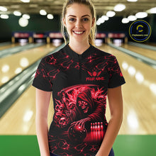 Load image into Gallery viewer, Woman wearing custom red grim reaper lightning bowling quarter zip shirt front view.