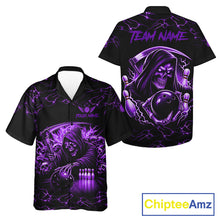 Load image into Gallery viewer, Purple grim reaper lightning bowling Hawaiian shirt front and back view for men and women, custom skull bowling league aloha shirt with bold purple lightning artwork.