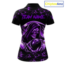 Load image into Gallery viewer, Custom purple grim reaper lightning bowling team jersey polo shirt for women, skull bowling league apparel with bold lightning graphics.