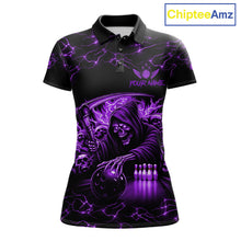 Load image into Gallery viewer, Custom purple grim reaper lightning bowling team jersey polo shirt for women, skull bowling league apparel with bold lightning graphics.