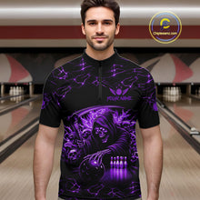Load image into Gallery viewer, Man wearing custom purple grim reaper lightning bowling quarter zip shirt front view.